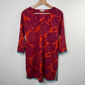 Boden Red Floral print Boho Tunic Dress Women's Sz 12 3/4‎ sleeve Cotton V-Neck